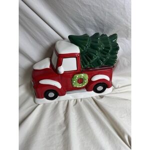 Christmas Red Truck Cookie Jar Canister w Tree Ceramic Holiday Decor